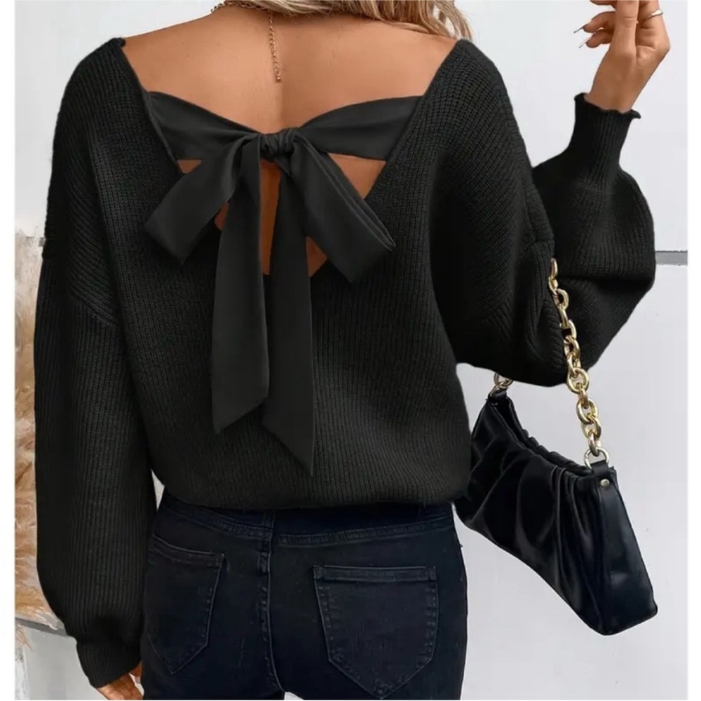Tie Back Black V Neck Lantern Sleeve Sweater